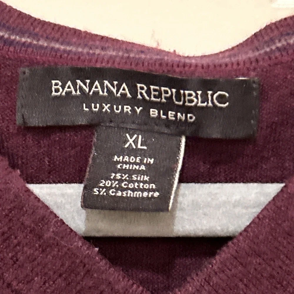 Banana Republic Sweater Men XL Luxury Blend V Neck Silk Cashmere‎ Purple Maroon